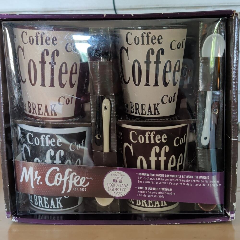 Mr. Coffee 6-Piece 10 fl oz Stoneware Coffee Mug Set w/ Spoons, Words